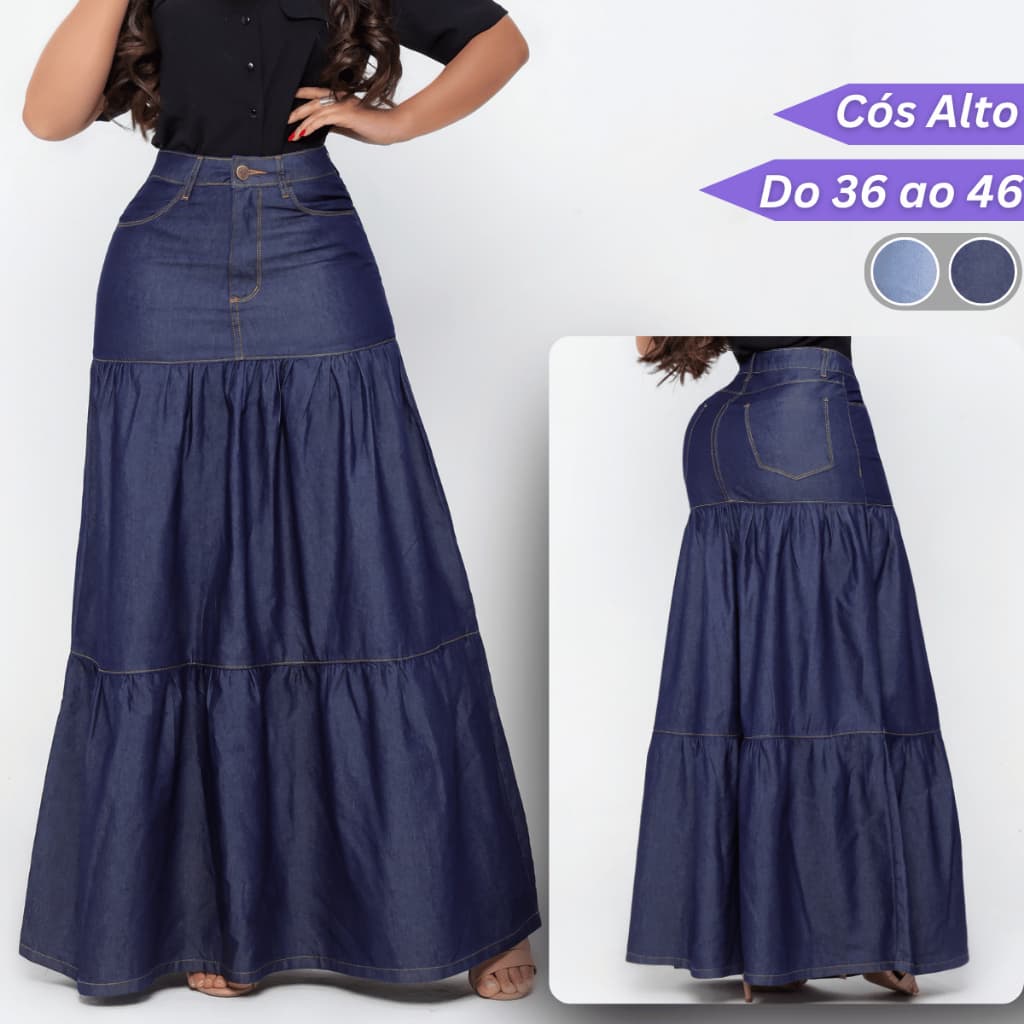 Saia Longa Jeans Feminina Evangélica 3 Marias Sem Lycra Cintura Alta Rodada Elegante