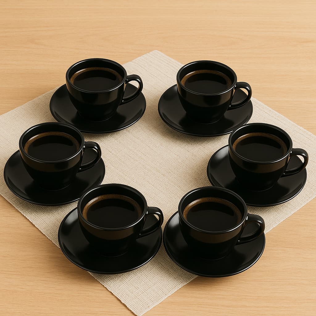 JOGO/KIT  XÍCARAS C/ PIRES 12 PEÇAS, 6 PIRES + 6 XÍCARAS 200ML ACRÍLICO PRETO PARA CHÁ/CAFÉ