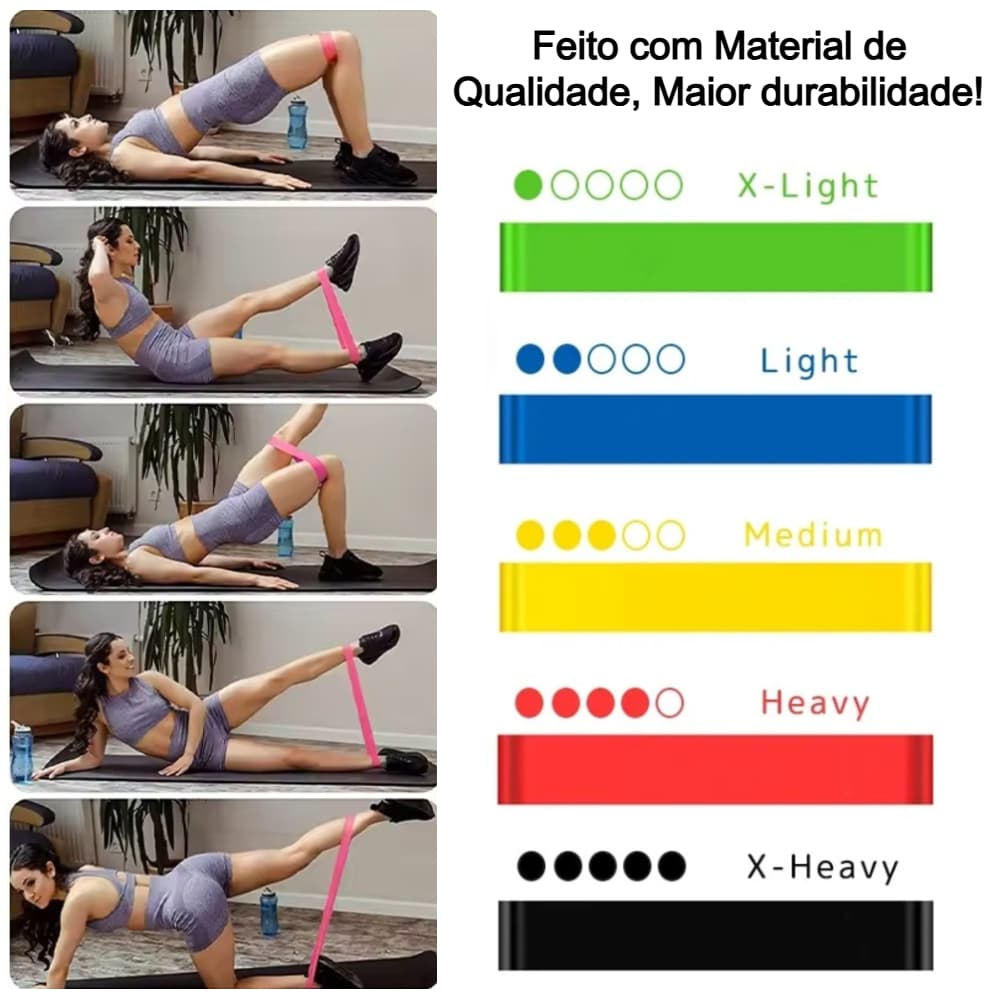 Kit 5 Bands Faixa Elástica de Resistência Mini Band Treino Yoga Pilates Treino Academia Fisioterapia