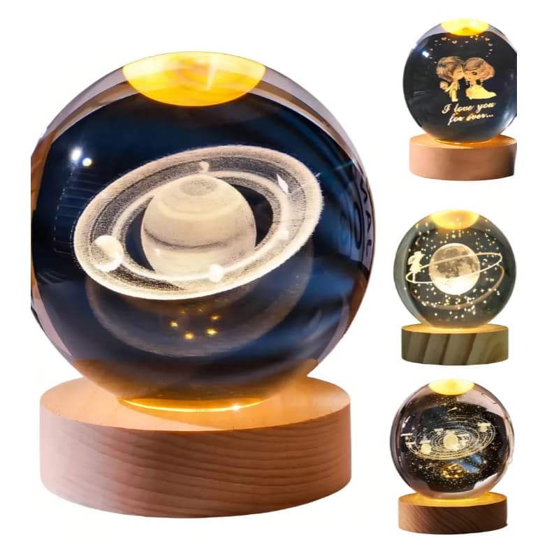 Luminária De Mesa Bola De Cristal 3d Base Madeira Decorativa