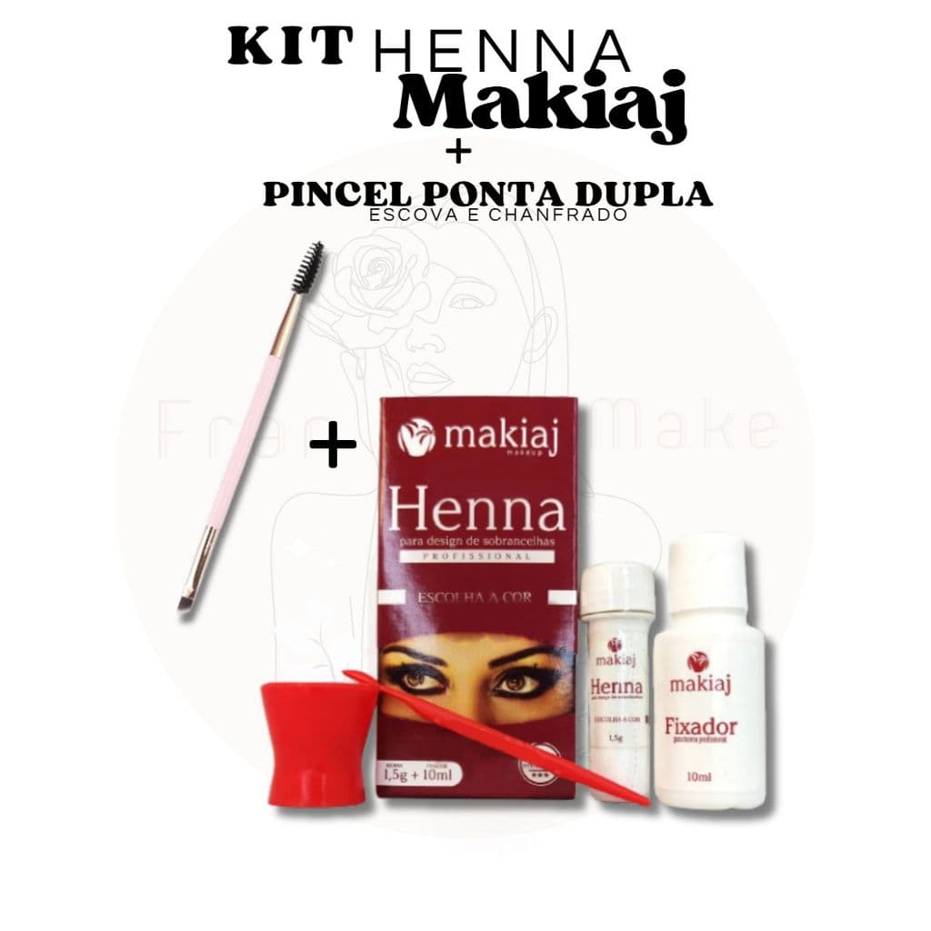 Kit Henna Para Sobrancelhas Makiaj Original + Pincel Duplo Escova E Chanfrado , Todas as Cores ,Sobrancelhas