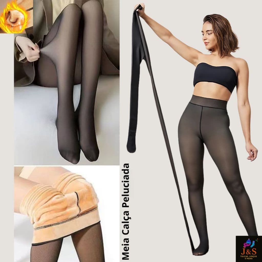 Meia-Calça Térmica Peluciada Forrada Translúcida Feminina Inverno Quentinho