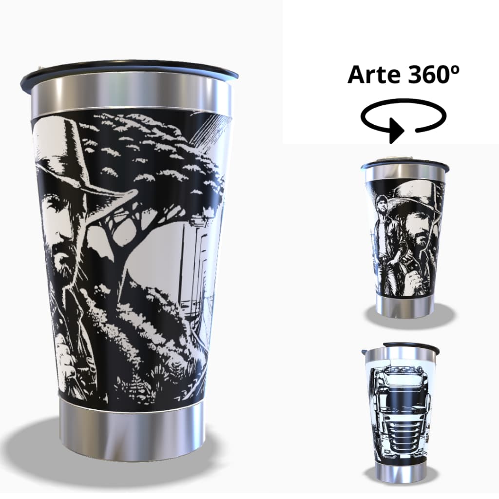 COPO TÉRMICO 473ML ARTE 360 GRAUS A LASER TEMA: CAMINHONEIRO CAMINHÃO CARRETA COPO INTEIRO