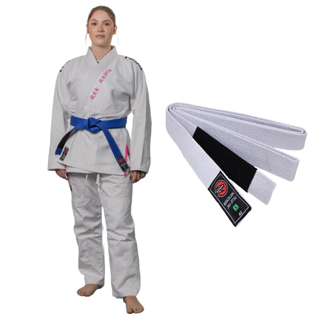 KIMONO JIU JITSU TRANÇADO REFORÇADO HANZO (BRANCO/ROSA) + FAIXA JIU JITSU - NAJA