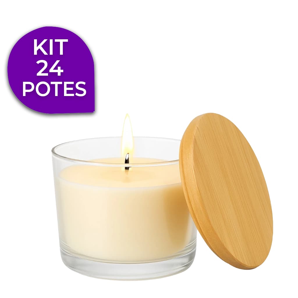 Kit Potes de Vidros 150ml para Vela Artesanal Tampa Madeira Nadir Figueiredo Lembrancinha