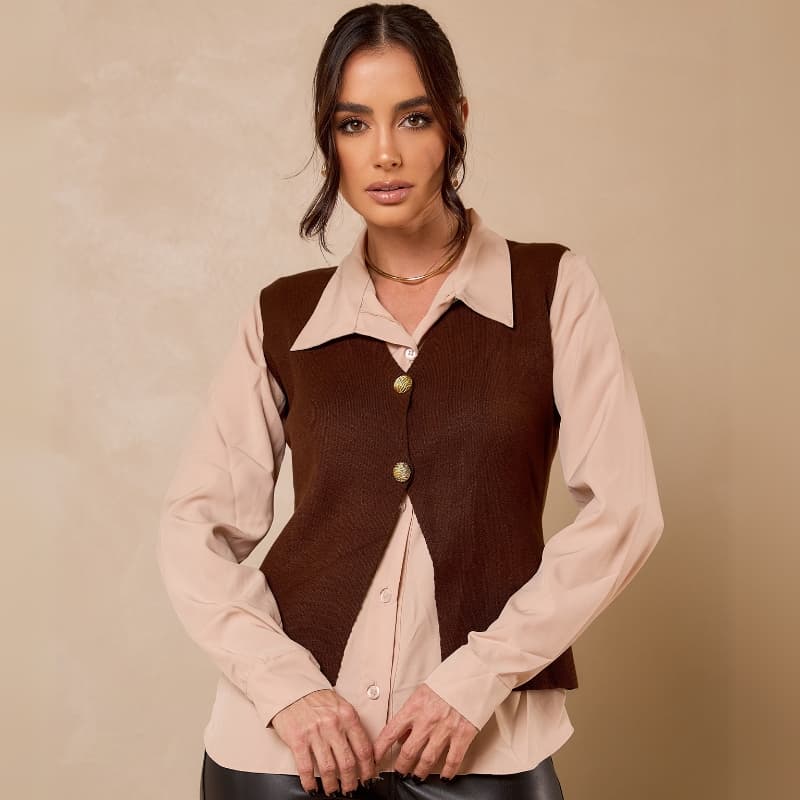 Colete Feminino Tricô Modal com Botões Regata Elegante Inverno Casual Tendência 2026