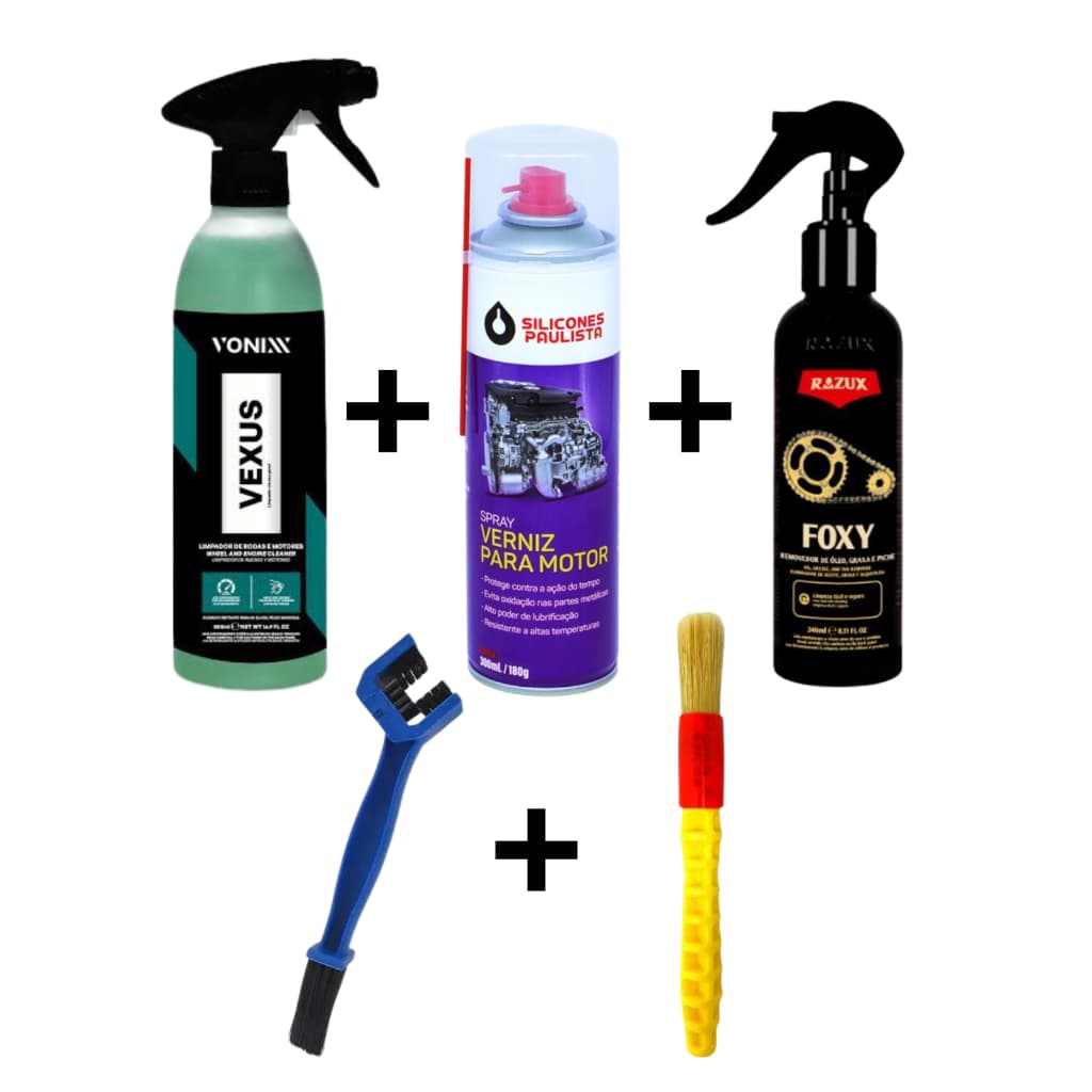 Kit Limpeza Pesada P/ Motos Foxy 240ml + Vexus 500ml +Verniz de Motor +Escova para Correntes+Pincel