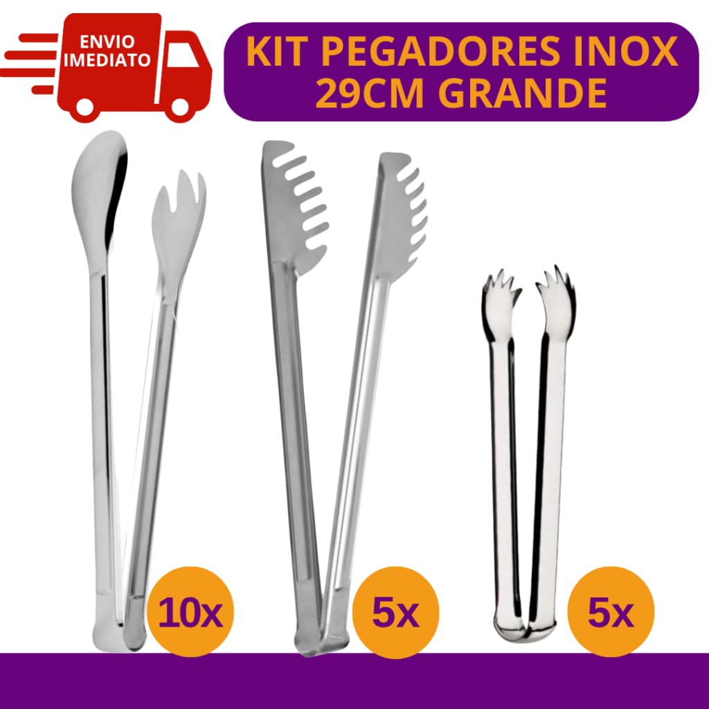 Kit 10 Pegador Inox Salada 29cm + 5 Pegador Massa Inox/Universal + 5 Pegador Inox Gelo Frios Limão