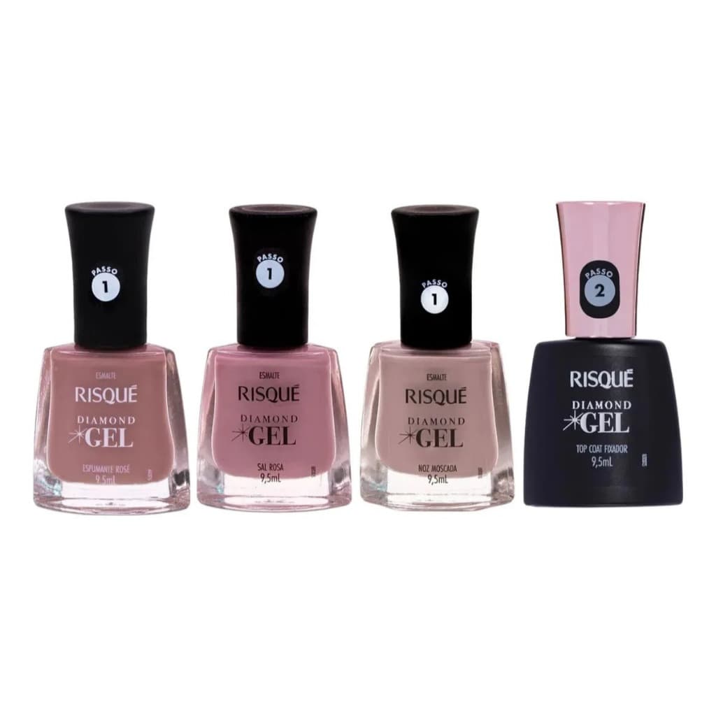 Kit 4 Esmalte Risqué Diamond Gel Rosa & Nude Rose + Top Coat