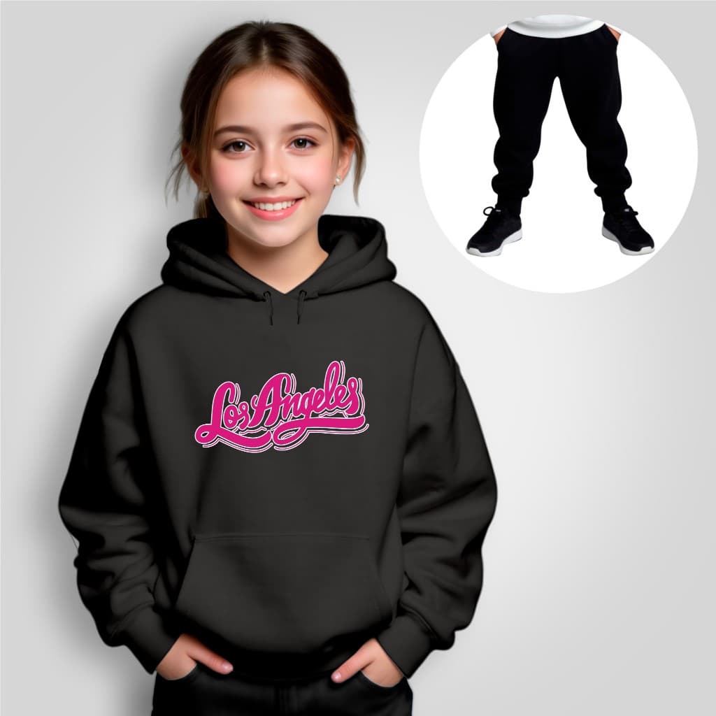 Conjunto Infantil Moletom Los Angeles Rosa com Calça – Menina, Capuz e Bolso Canguru