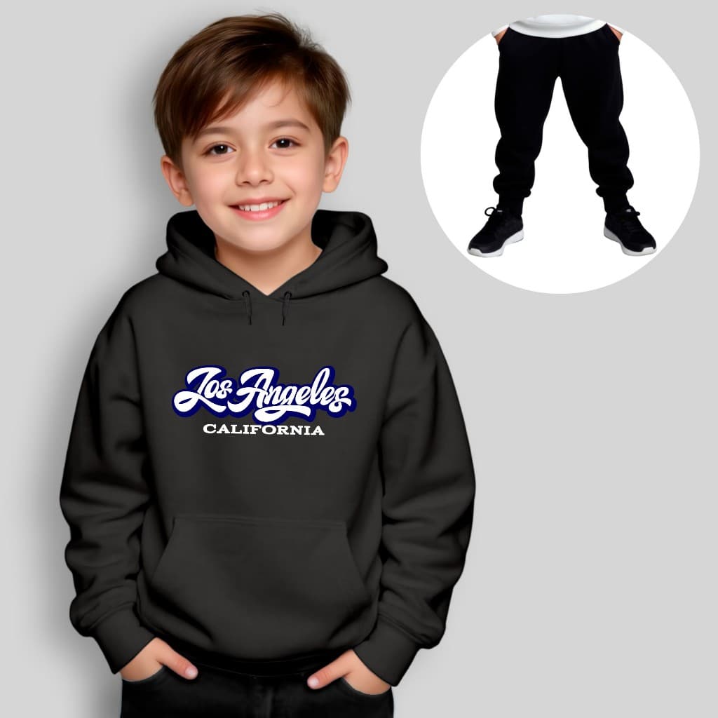 Conjunto Infantil Moletom Los Angeles Azul com Calça Preta – Capuz e Bolso Canguru Menino Menina