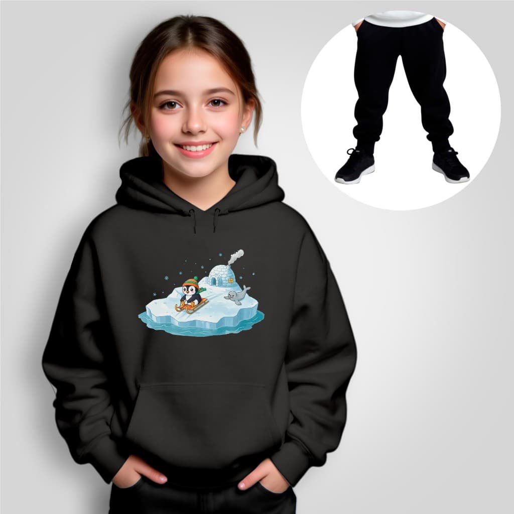 Conjunto Infantil Moletom Pinguim no Gelo com Calça Preta – Estampa Fofa, Capuz e Bolso Canguru