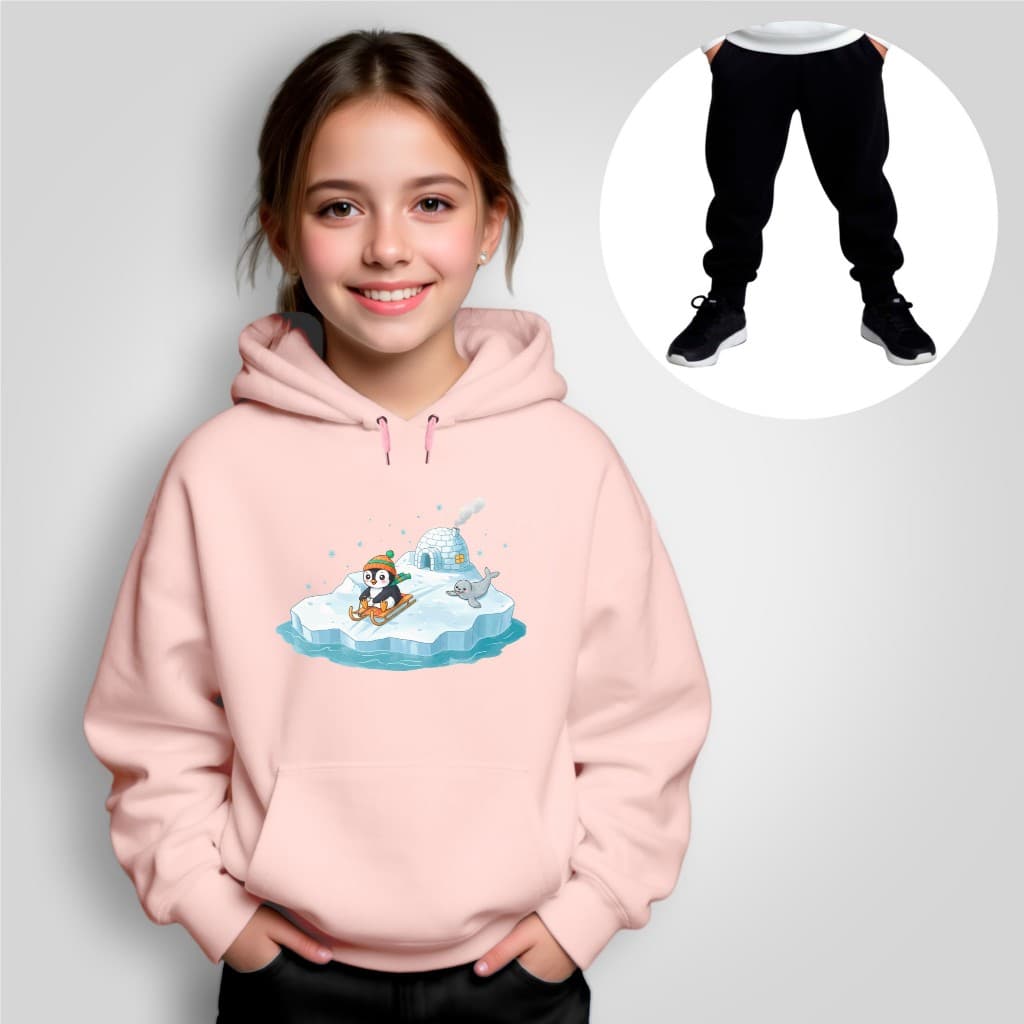 Conjunto Infantil Moletom Pinguim no Gelo com Calça Preta – Estampa Fofa, Capuz e Bolso Canguru Unissex