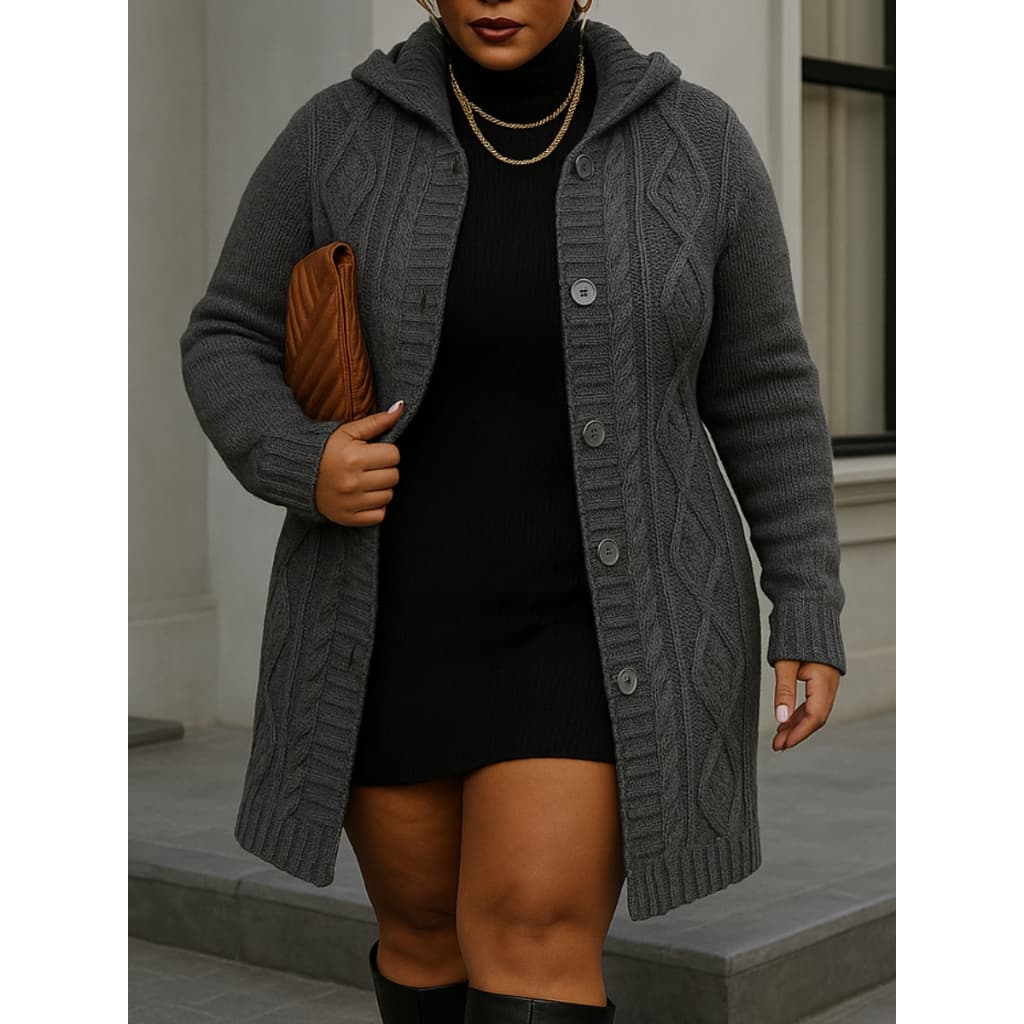 Sobretudo Plus Size Casaco de Lã Feminino  Plus Size com Botão Tricot Casaco Tamanho Grande