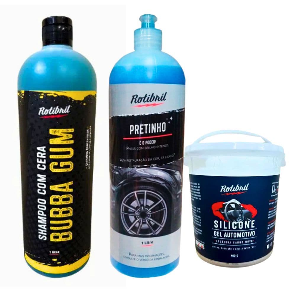Kit Automotivo Shampoo Com Cera Pretinho de Pneu 1 litro Cada e  Silicone em Gel 400g Rotibril