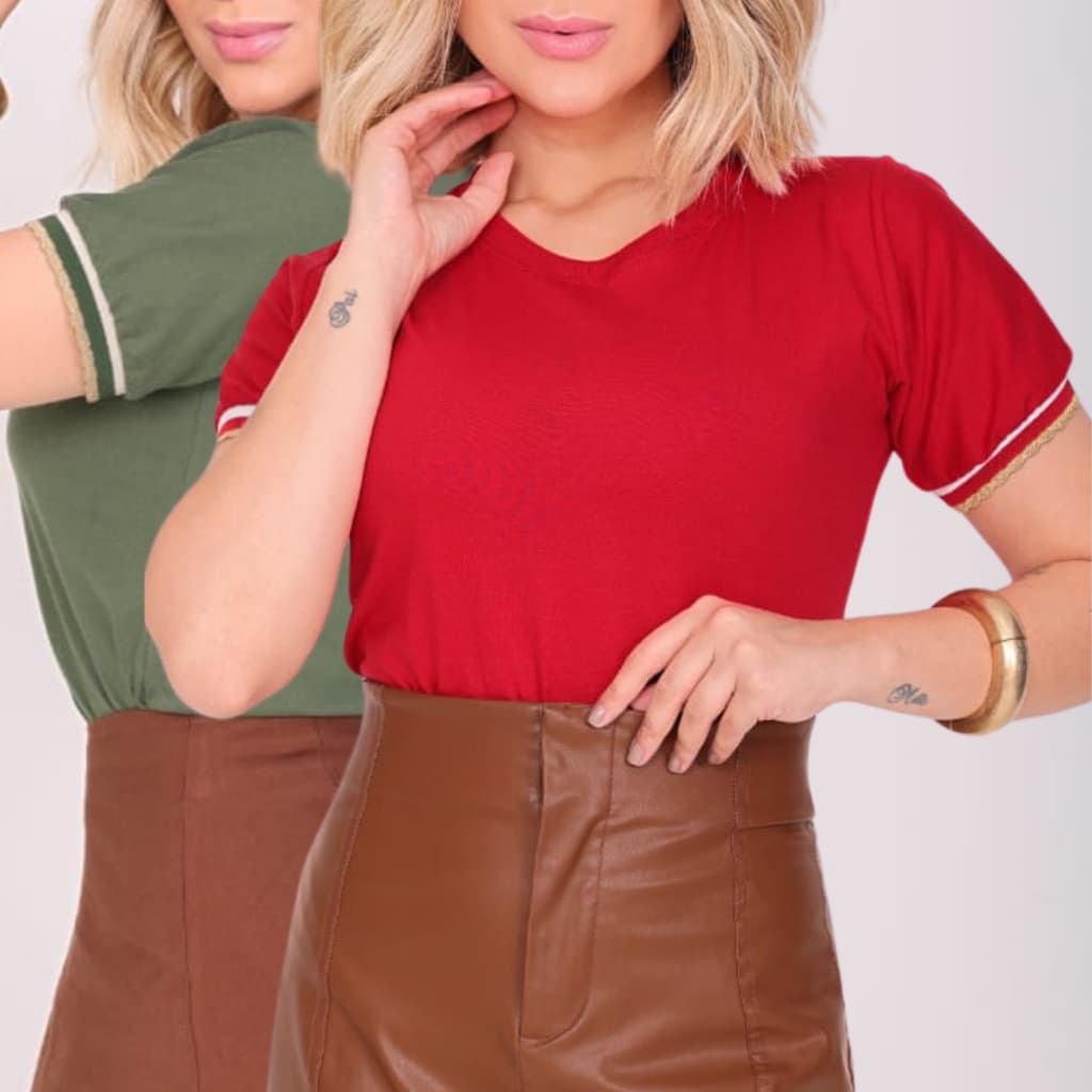 Kit 2 T-Shirt Camiseta Feminina Casual Estilosa Algodão Punho Na Manga Gola Redonda