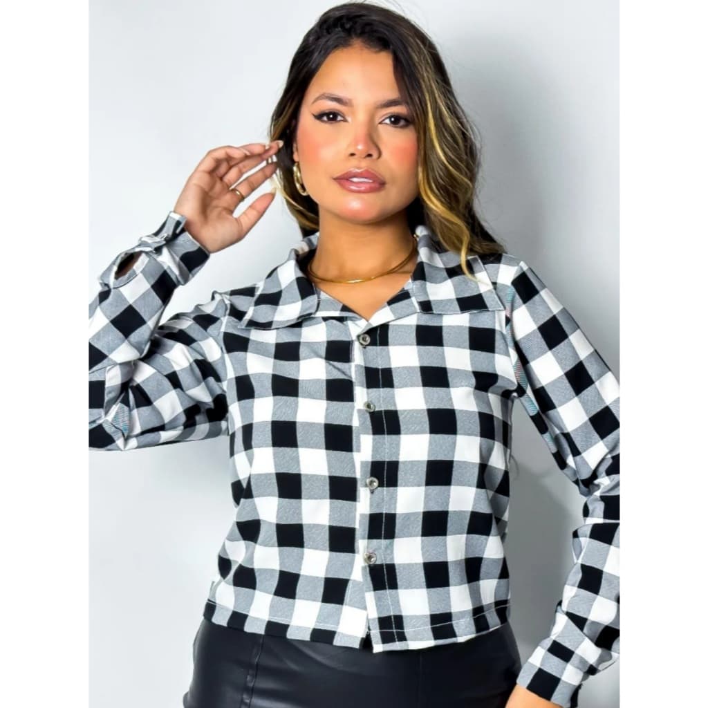 Camisa Xadrez Feminina Cropped Listrada Manga Longa