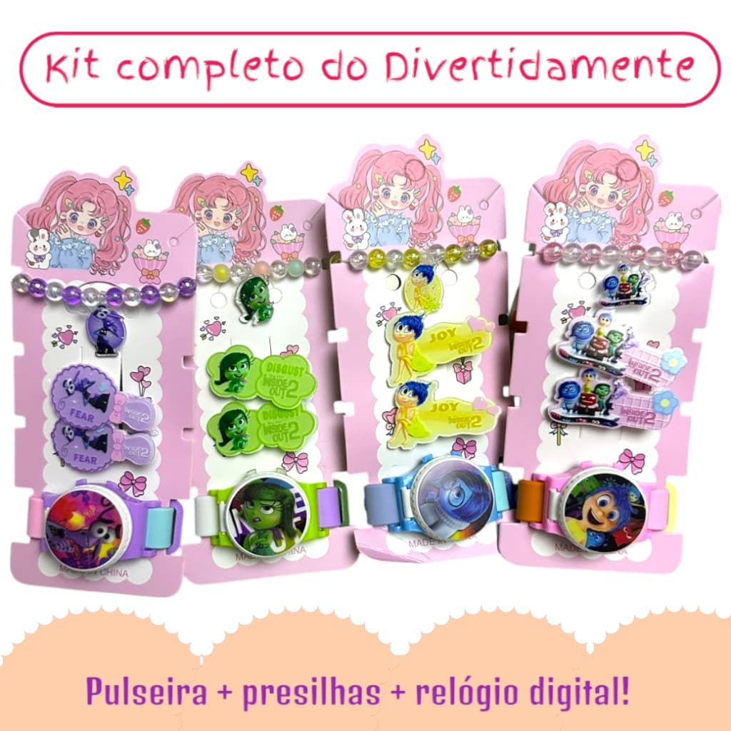 Kit Infantil menina com Relógio Digital Ajustável + Pulseira + Presilha – Estilo Emoções Divertidas