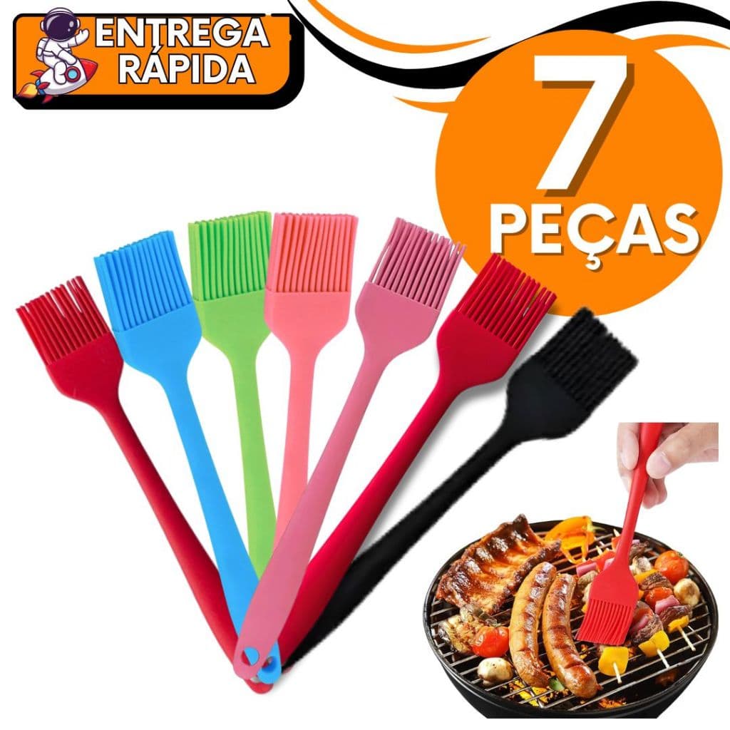 KIT 7 Pincel de Silicone Culinário Resistente Alta e Baixa Temperatura Colorido Manteiga Unta Tempero Carnes Massas