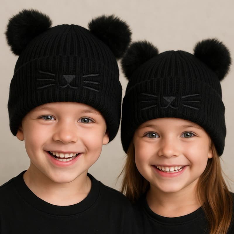 Touca Infantil Gato Bigode, puro charme com 2 pompons! forro em fleece super macio e quentinha! 2 a 6 anos