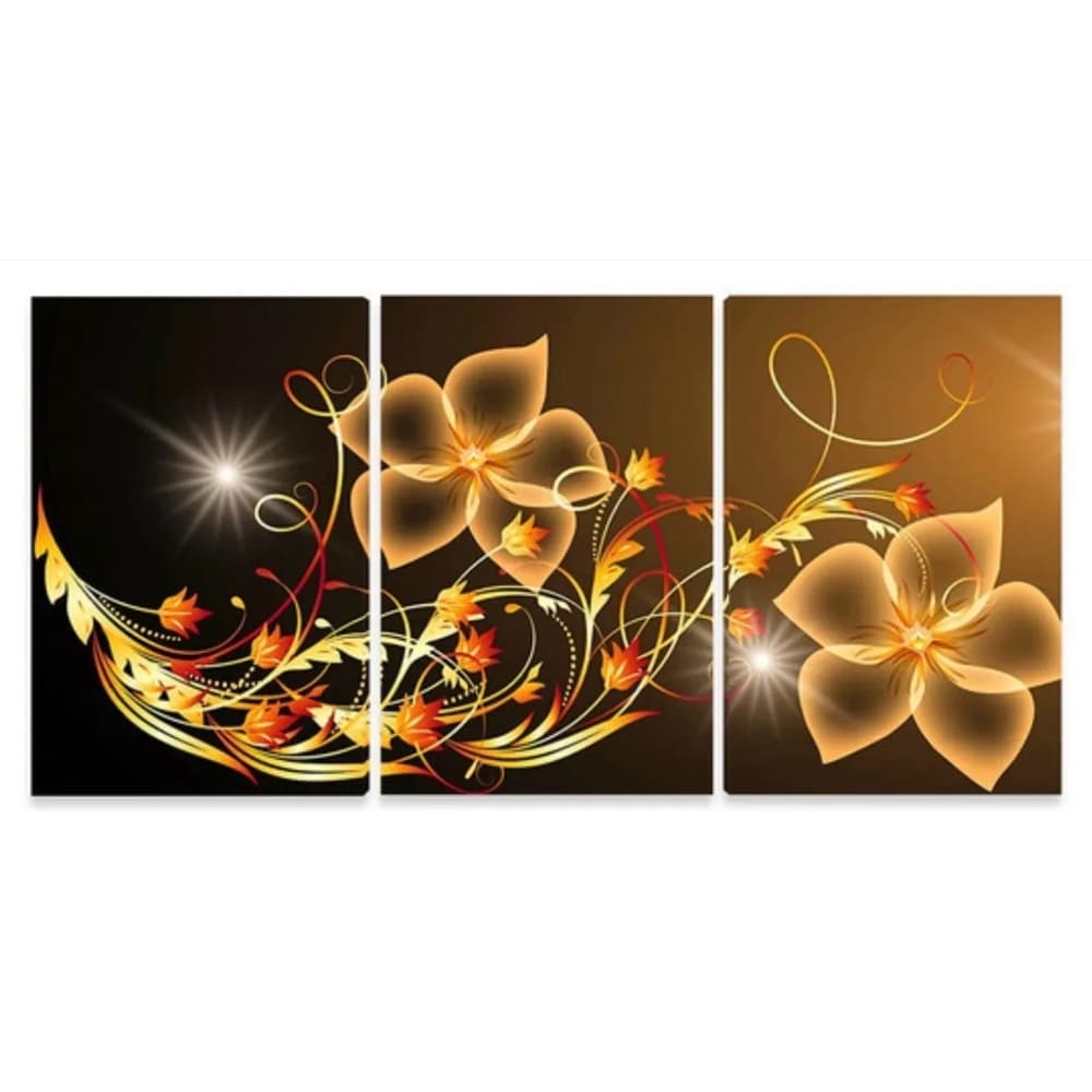 Quadro Decorativo 3 Peças Flor Dourada Brilhante Pétalas Jardim Natureza Abstrato