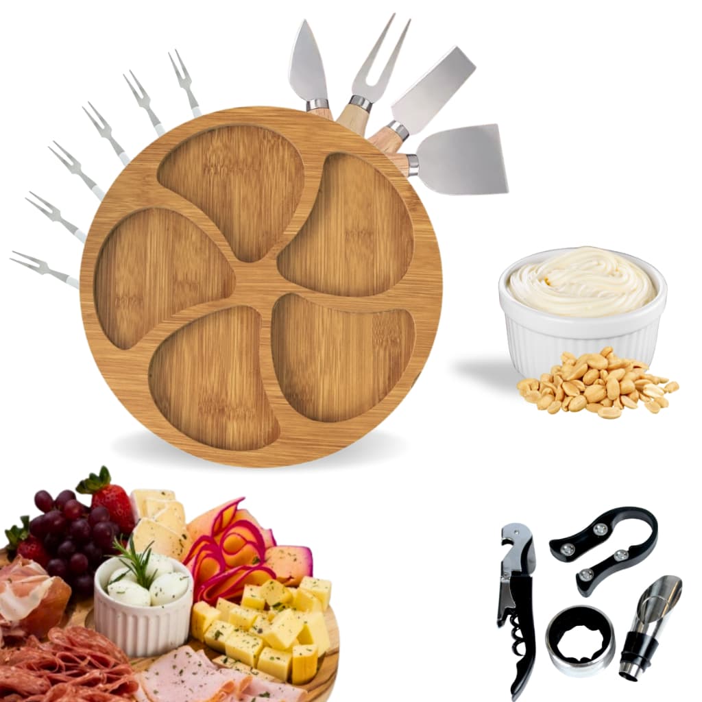 Kit Petisqueira Redonda Madeira + 4 Facas Queijo + 4 Peças Vinho Com Ramekin e Garfinhos p/ Petisco