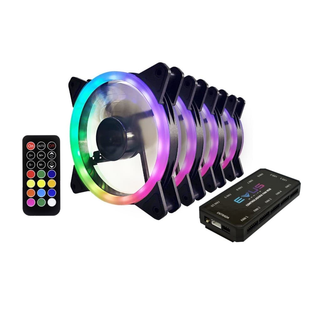 KIT 04 COOLER FAN RGB 12CM 6PINOS + CONTROLADORA E CONTROLE HAYOM FC1306