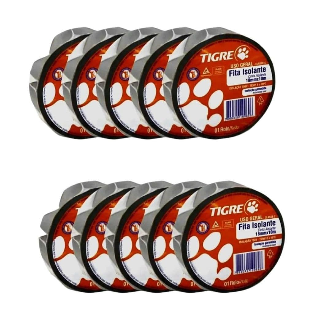 Kit Fita Isolante Tigre Preta 18mm x 10 metros Anti Chamas