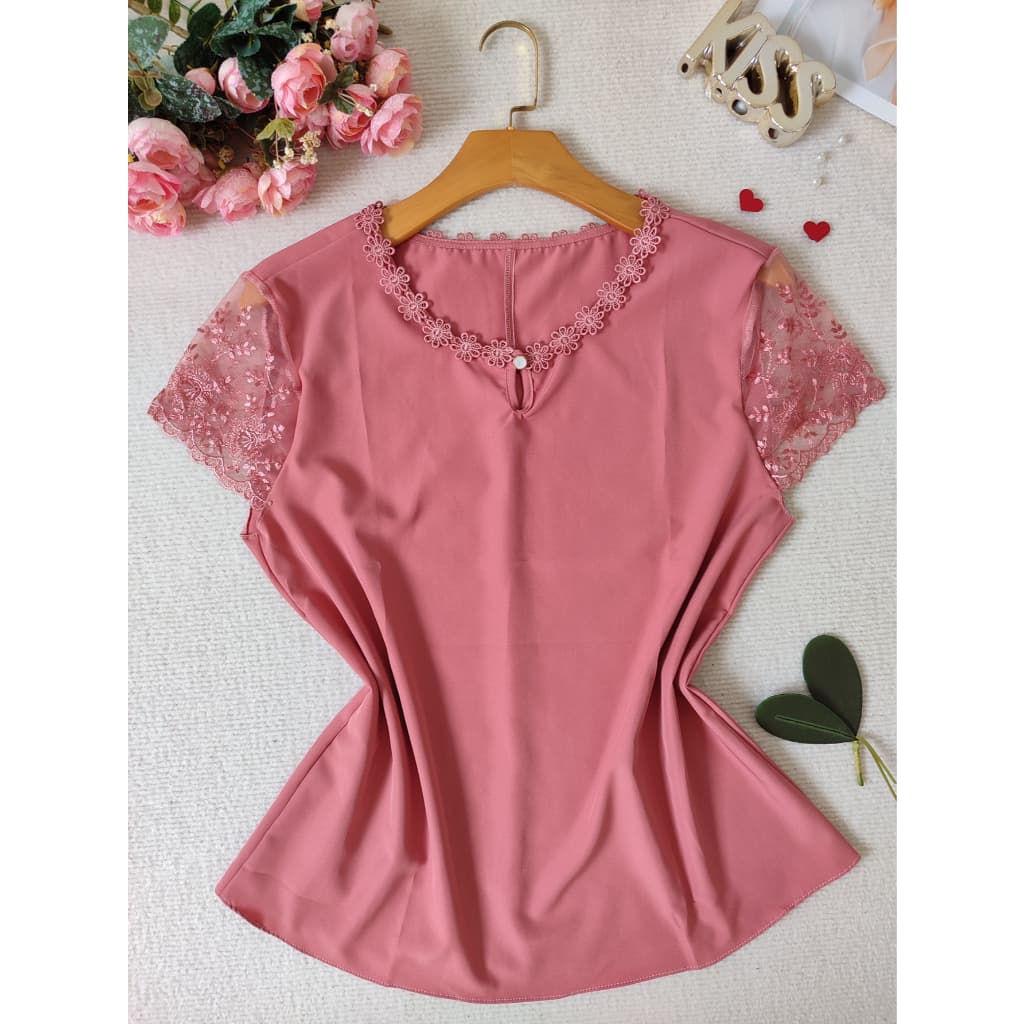 YW&X MODA    blusa social feminina com renda manga curta tecido crepinho