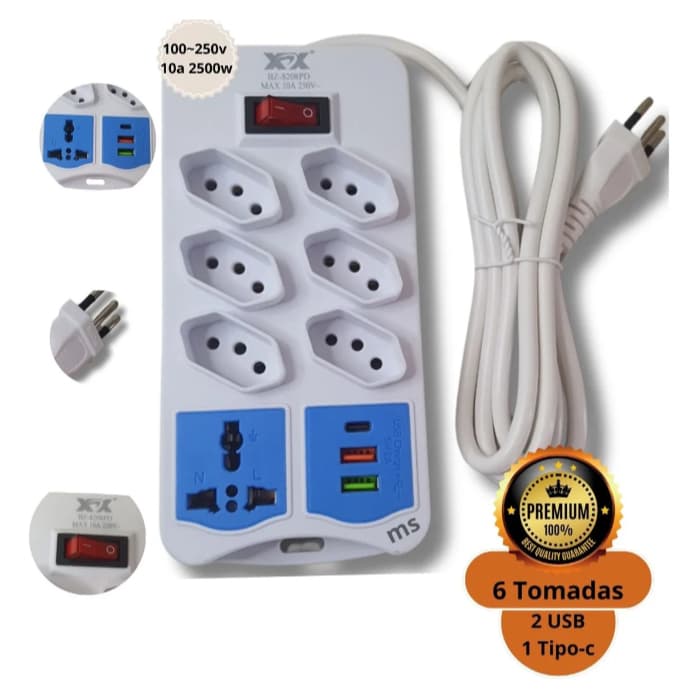 Extensão Elétrica com 10 Entradas Filtro de Linha Bivolt com 2 USB e 1 Tipo-C  Cabo de 2 Metros