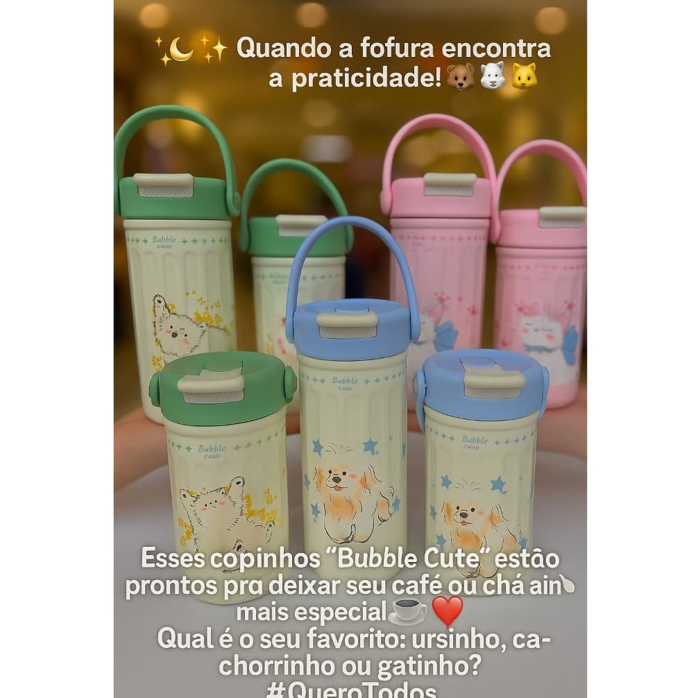 Copo Bubble Cute 380ml/500ml – Fofo, Térmico e Perfeito pra Levar Onde Quiser! 🐶🐱🐻– Fofura e Qualidade em Cada Gole!