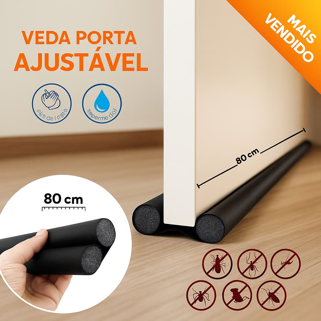 Protetor Rolinho Veda Porta Impermeável 80 cm sem Costura Preto Ajustável Vedação Dupla