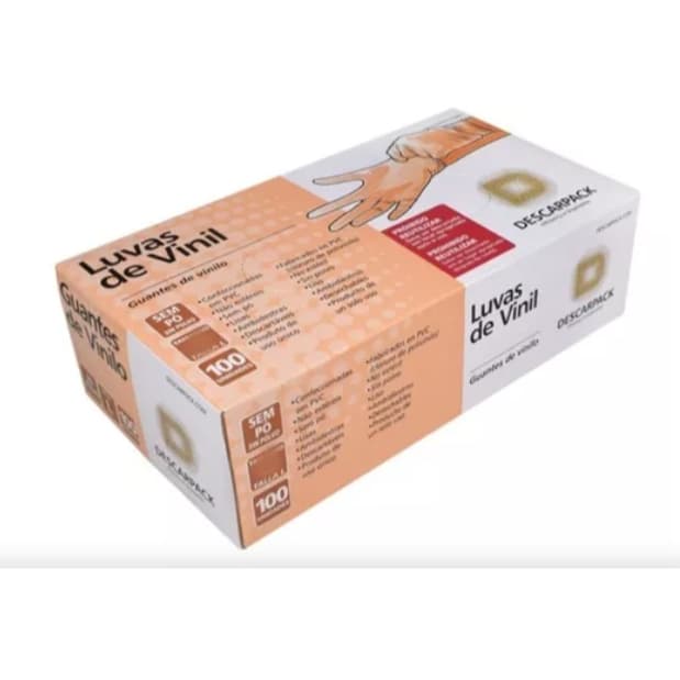Luvas Descartáveis de Vinil Descarpack Cor Transparente Anvisa 100 unidades  Tam. M com