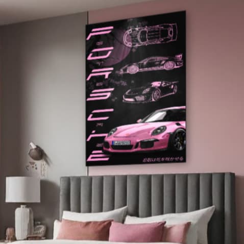 Quadro decorativo carro luxuoso Porsche modelos rosa feminino moderno para sala quarto hall 20x30