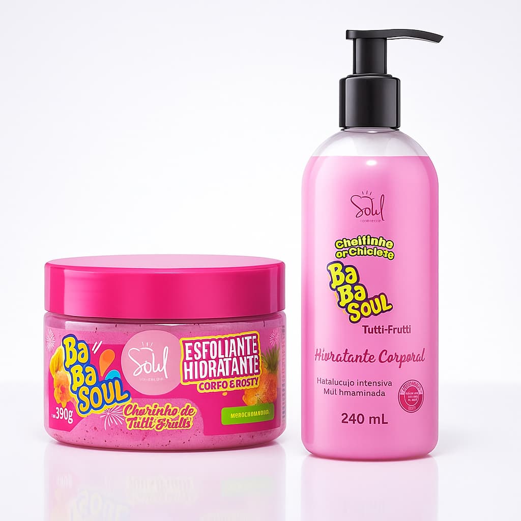 Kit Hidratante Corporal 240ml - Hidratante Esfoliante Facial 250g Babasoul - Fragrâncias- Tutti Fruit