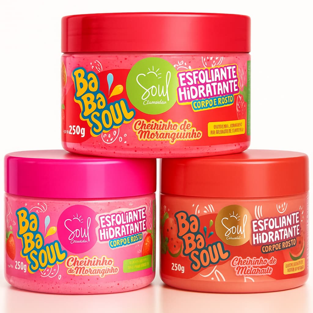 Kit 3 Hidratante Esfoliante Facial - Corpo e Rosto 250ml - Babasoul - Fragrâncias- Morango, Melancia, Tutti Fruit