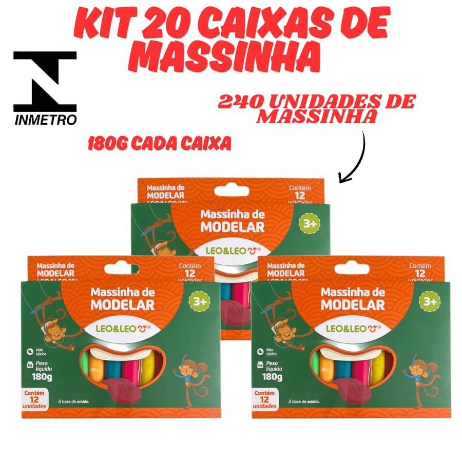 OFERTA Conjunto 20 Caixinhas Massinha Modelar 180g 12Cores 240un Massa Modelar Infantil Escolar Leo&Leo