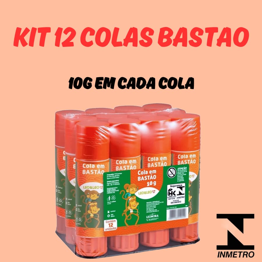 KIT 12 Colas Bastão 10g Leo&Leo Material Cola Escritório Fácil Secagem Aplicação Atóxico