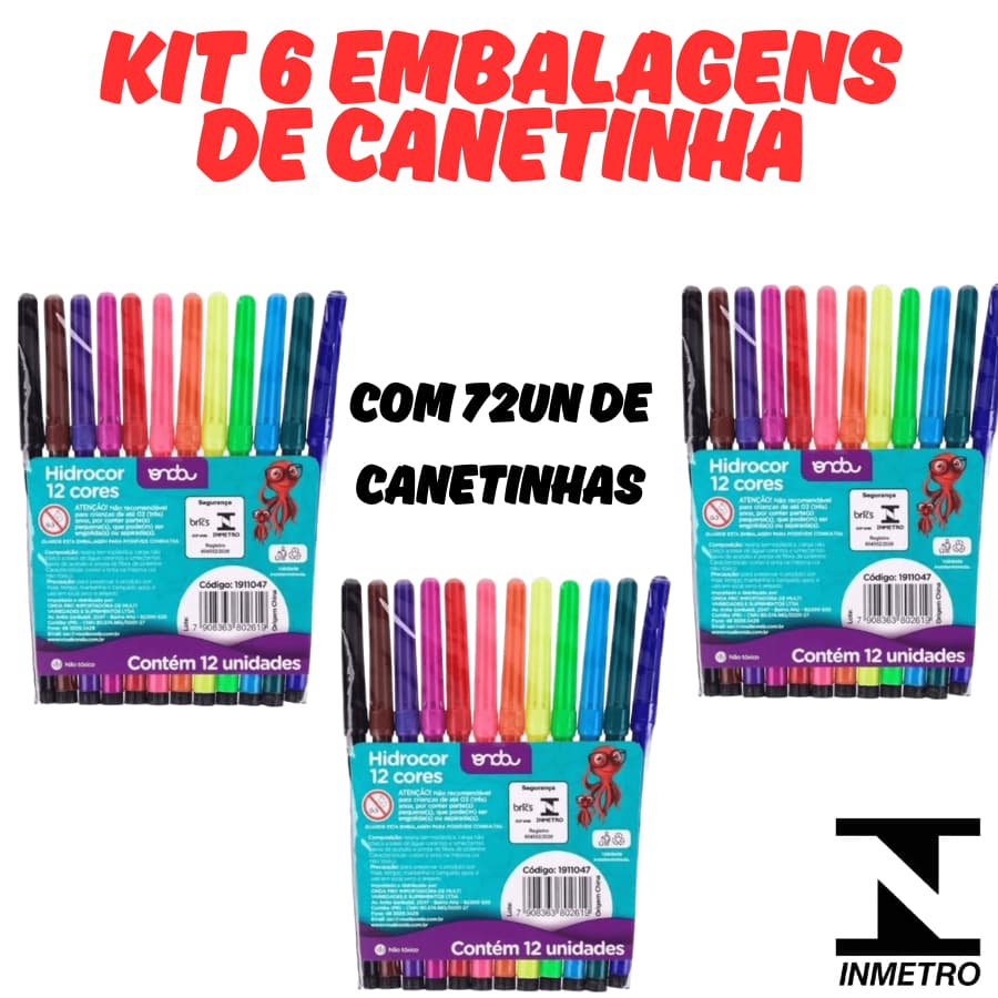 KIT 6 Embalagens Canetinhas 12 cores Hidrocor Lavavel Estojo Material Escolar Papelaria Atoxico