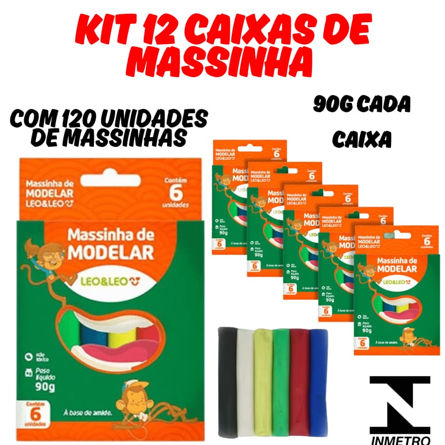KIT 12 Caixas Massa Massinha de Modelar 90g 6 Cores Colorida Leo&Leo Infantil Atoxico