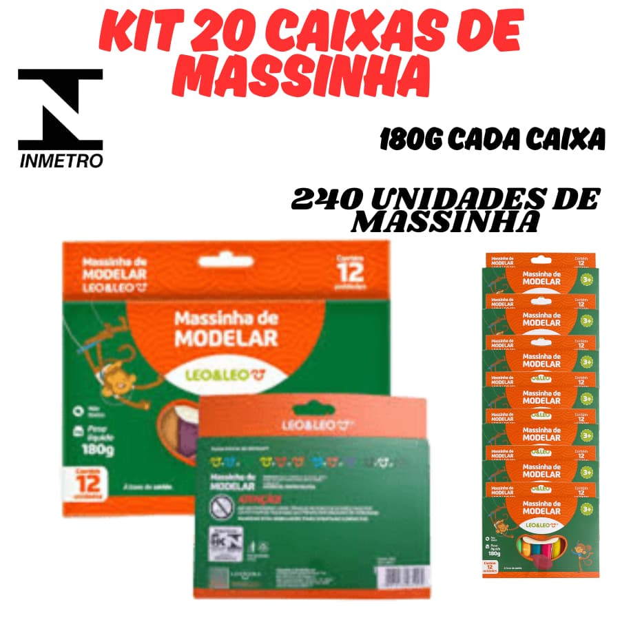 OFERTA KIT 20UN Caixinhas Massinha De Modelar 180g 12 Cores Massa Infantil Escolar Leo&Leo