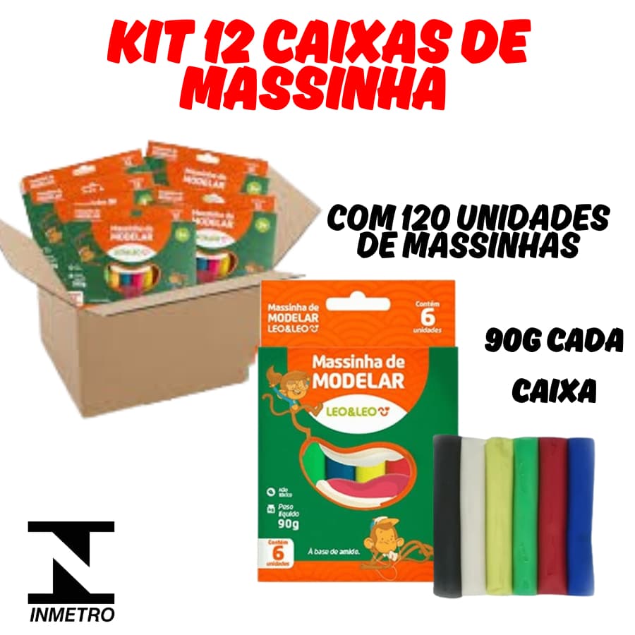 KIT 12 Caixas Massinha Massa de Modelar 90g Leo&Leo 6 Cores Colorida Infantil Não Toxico
