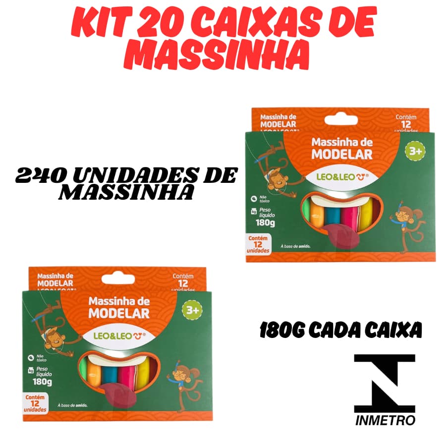 OFERTA KIT 20 Caixas Caixinhas Massinha Modelar 180g 12 Cores Massa Modelar Infantil Escolar Leo&Leo