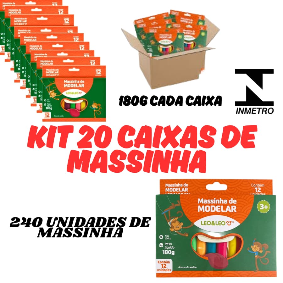 OFERTA KIT 20 Caixinhas Massinha Modelar 180g 12 Cores 240un Massa Modelar Infantil Escolar Leo&Leo