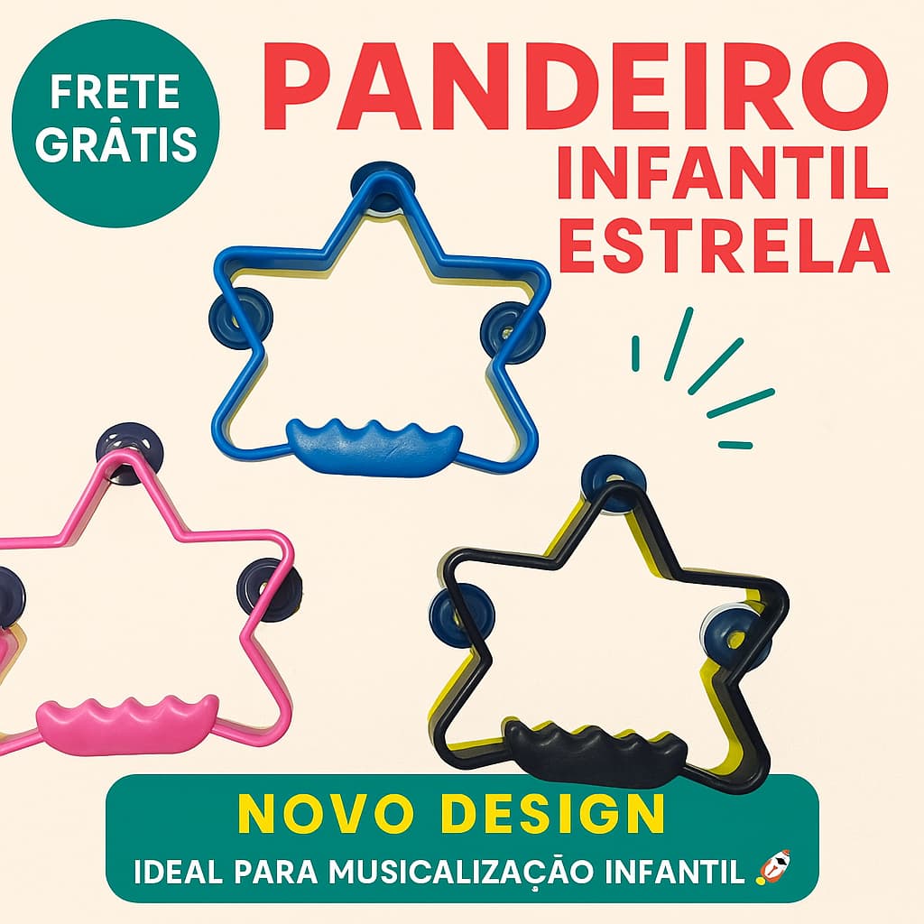 Pandeiro Infantil Estrela Colorido – Percussão Lúdica, Estimula Coordenação e Musicalização