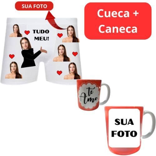 Kit Cueca Personalizada com Foto Tudo Meu + Caneca de Porcelana com Foto (amor, presente, namorados, romântico)