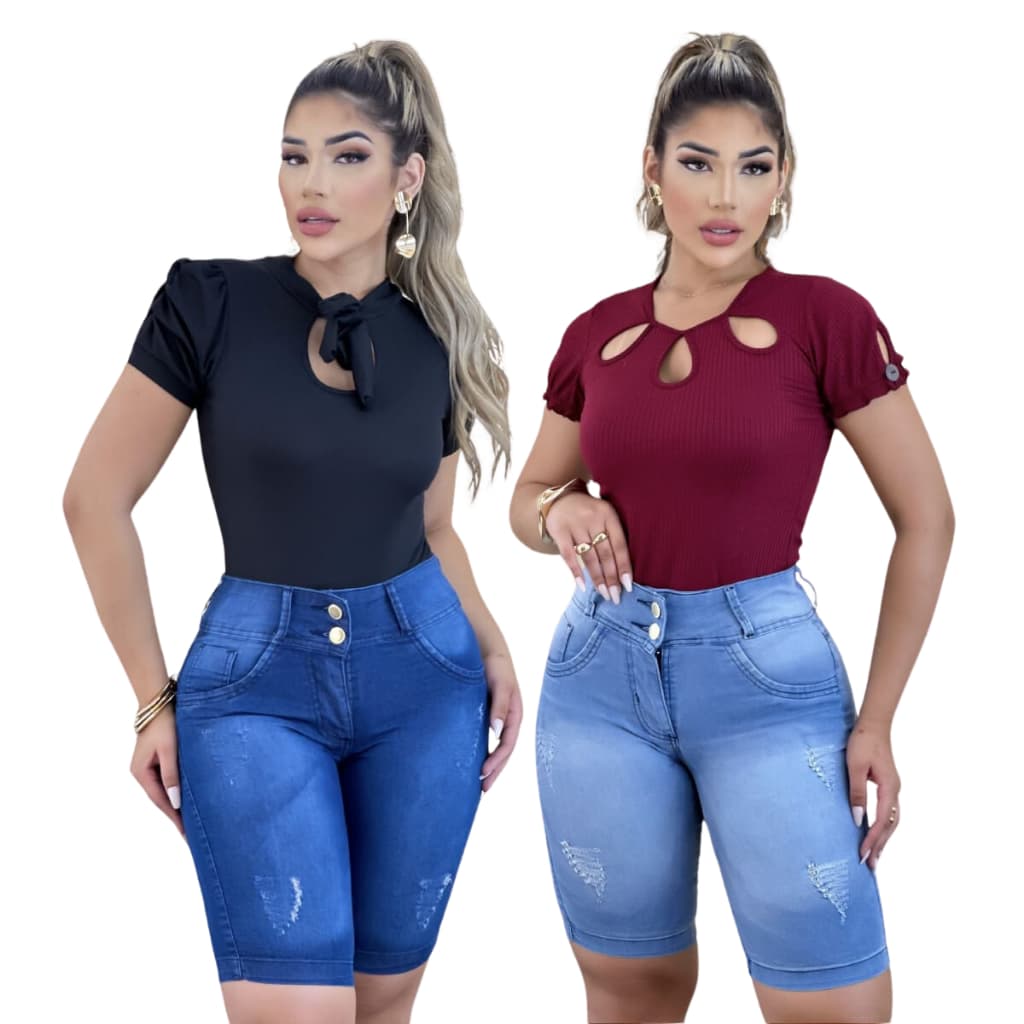 Bermuda Jeans Short Feminino Ciclista Cós Cintura ALta No Joelho Empina Bumbum Detalhe Desfiado Com Bolso Algodão c Lycr
