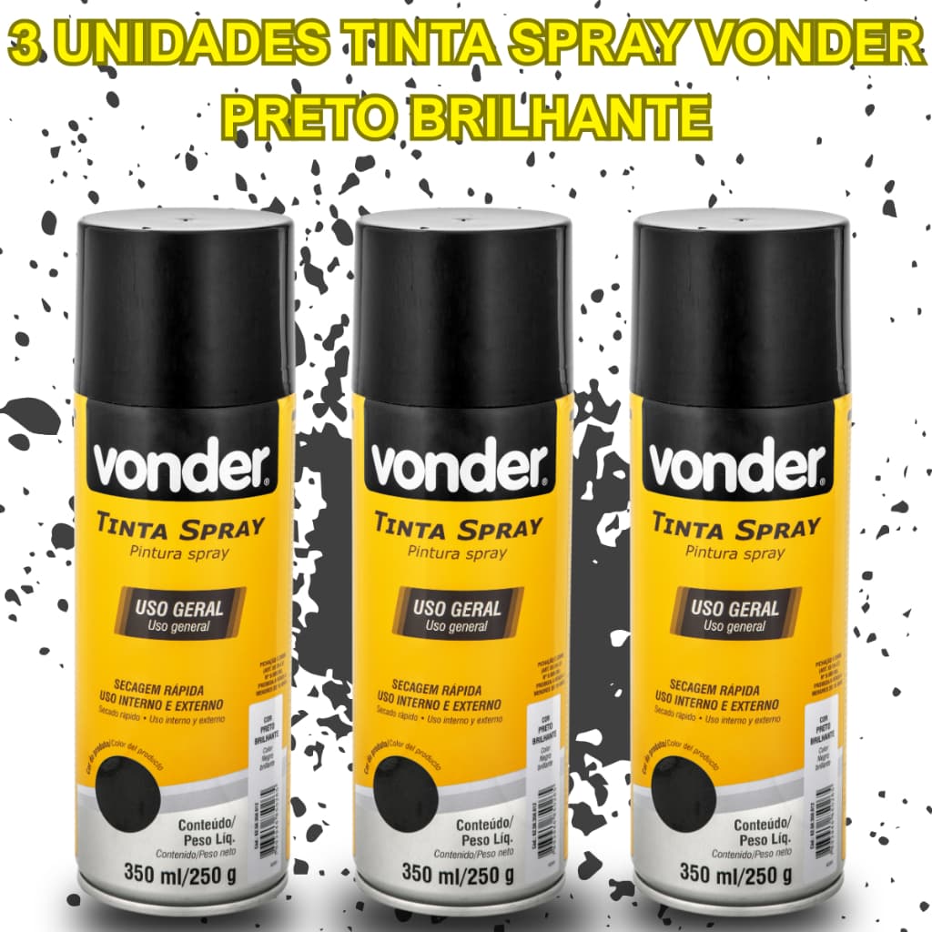 Kit 3 Tintas Spray PRETO BRILHANTE Uso Geral 350ML VONDER