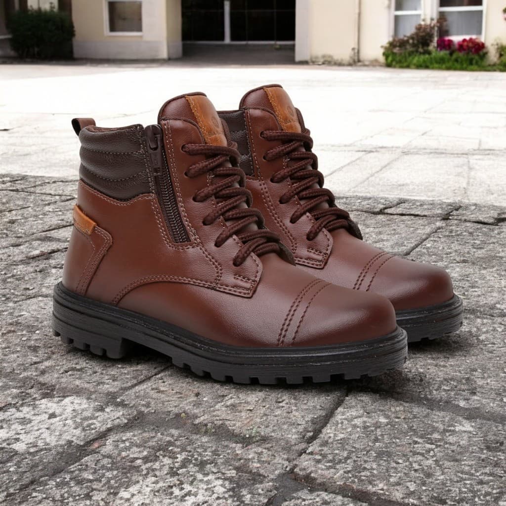 Bota Coturno Infantil Masculino em Couro Sintético Acolchoado Com Cadarço e Zíper