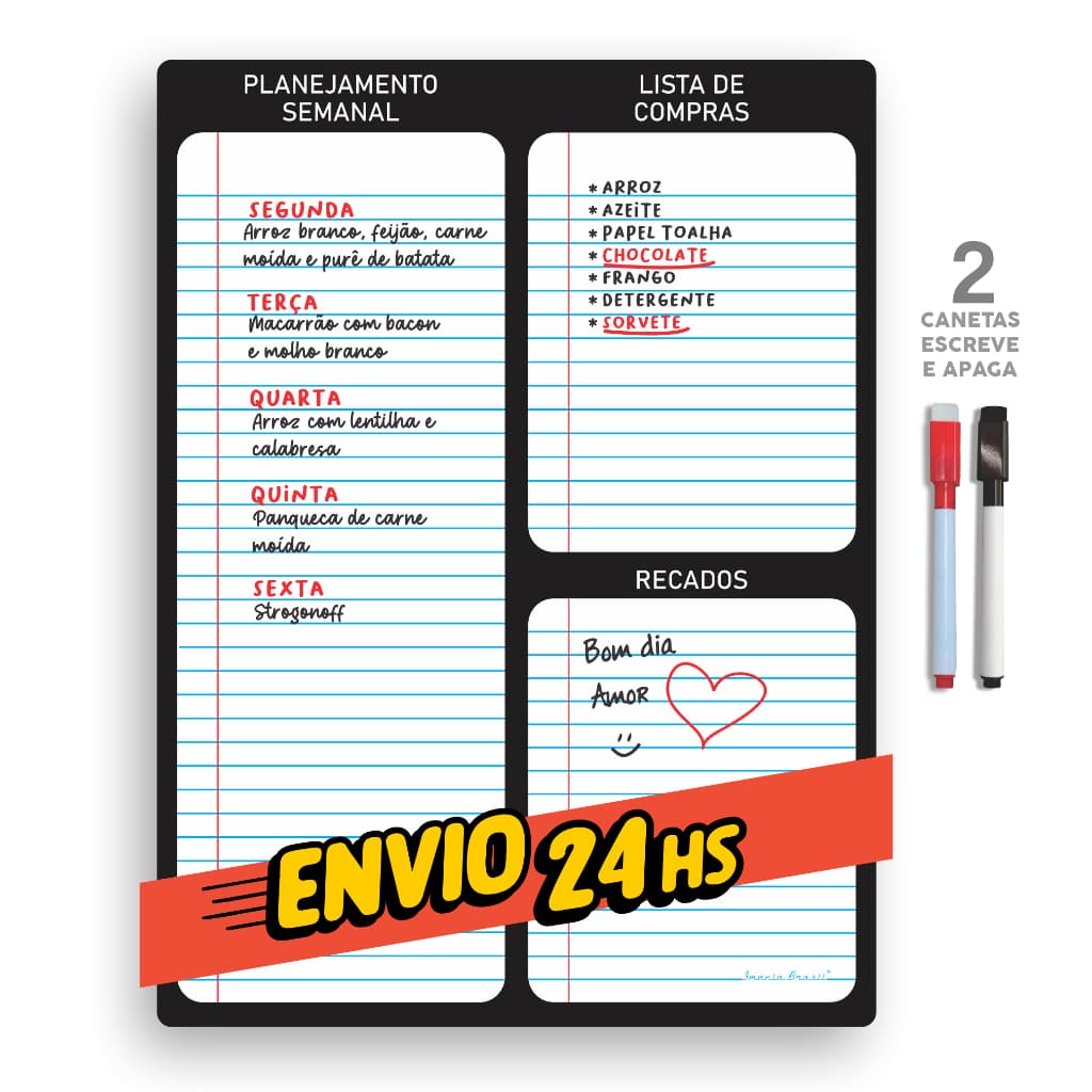 Mega Planner Magnético Lousa Para Geladeira Com 2 Canetas Escreve Apaga Com Ímã Recado Bilhete